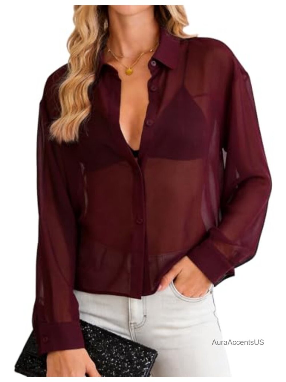 Women's Sheer Button Up Mesh Blouse See Through Crop Top